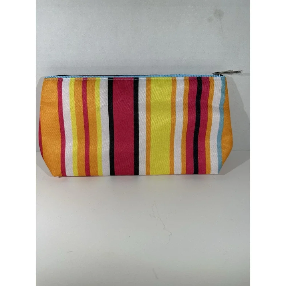 Clinique Cosmetic Pouch – Multicolor Striped Makeup Bag Chic Colorful
